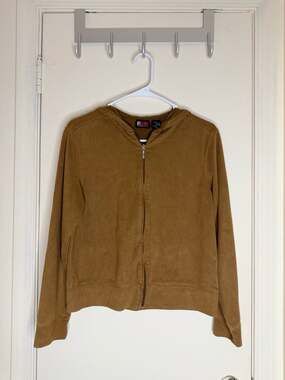 NY Jeans by New York & Company Brown Velour Zip-Up Hoodie Jacket